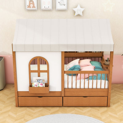 Twin House-Shaped Bed with Drawers, LED Strip, Built-In Guardrails