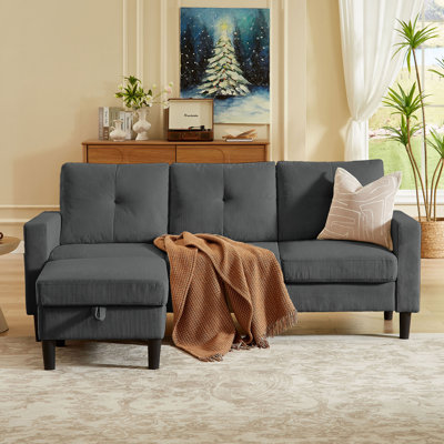 Corduroy Sectional Sofa with Storage Ottoman and Side Storage Pockets