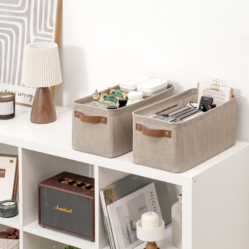 Narrow Storage Bins With Handle, Small Fabric Organizer Basket for Closet and Shelf, Brown, Brown
