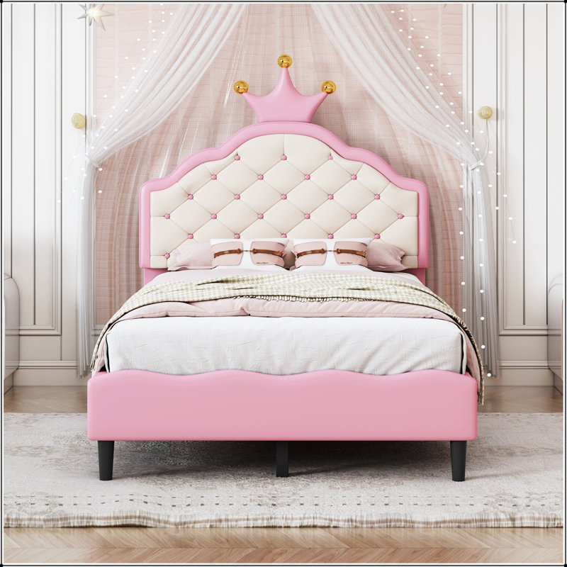 Lit princesse en cuir de polyuréthane simple avec tête de lit élégante capitonnée, rose et crème, Lit simple