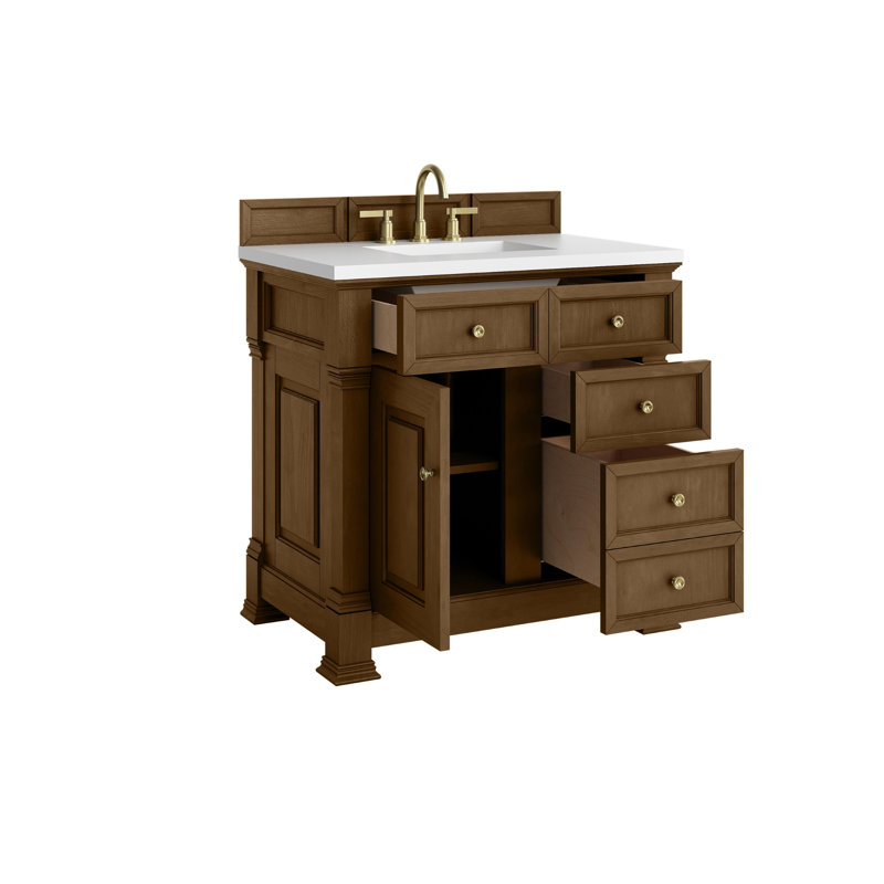 Meuble-lavabo simple 36 po avec plateau Brookfield, Chêne miel, Blanc Zeus, À entraxe