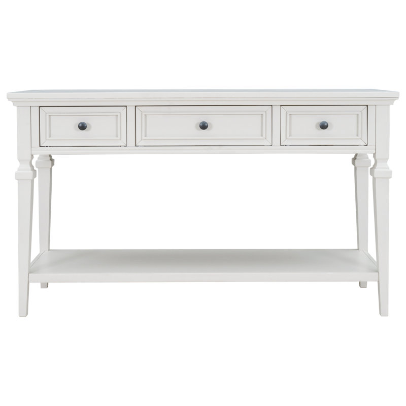 Console de style rétro classique avec trois tiroirs supérieurs et tablette inférieure ouverte, Antique White
