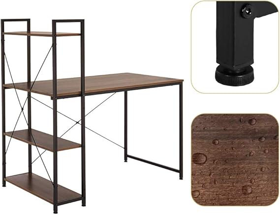 Computer Desk With 4 Tier Shelves - 47.6'' Multi Level Writing Study Table With Bookshelves Modern Steel Frame Wood Desk Compact Home Office Workstation (Natural Brown)
