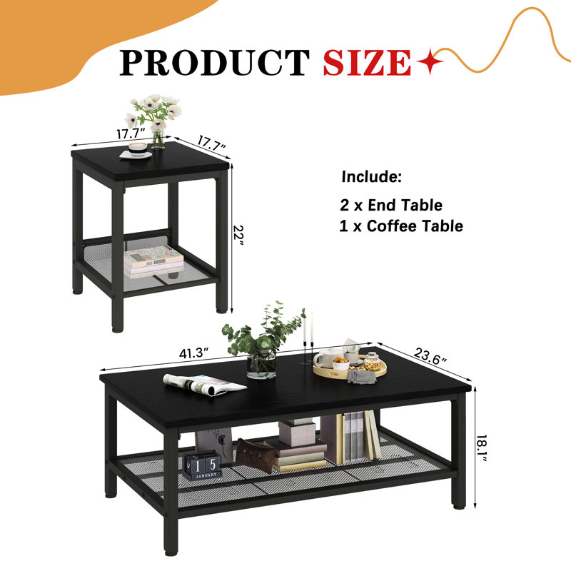 A Lightweight And Portable Coffee Table Set Of Three Pieces, With A Wood-grain Tabletop And A Black Metal Structure,unique Mesh Design For Storage Space, Simple Living Room Table Set With An Extremely High Cost Performance