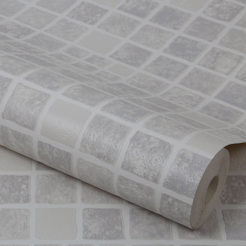Contour Earthen Tile Effect Kitchen Bathroom Grey/White Washable Wallpaper