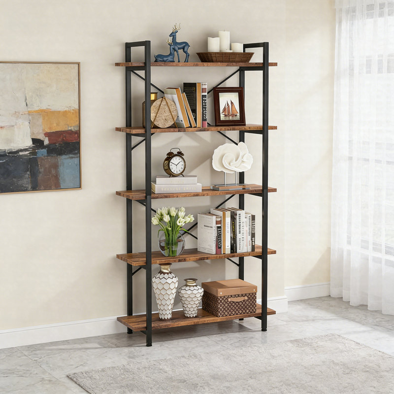 5-Tier Industrial Bookshelf, Brown Freestanding Etagere Bookcase Display Shelf
