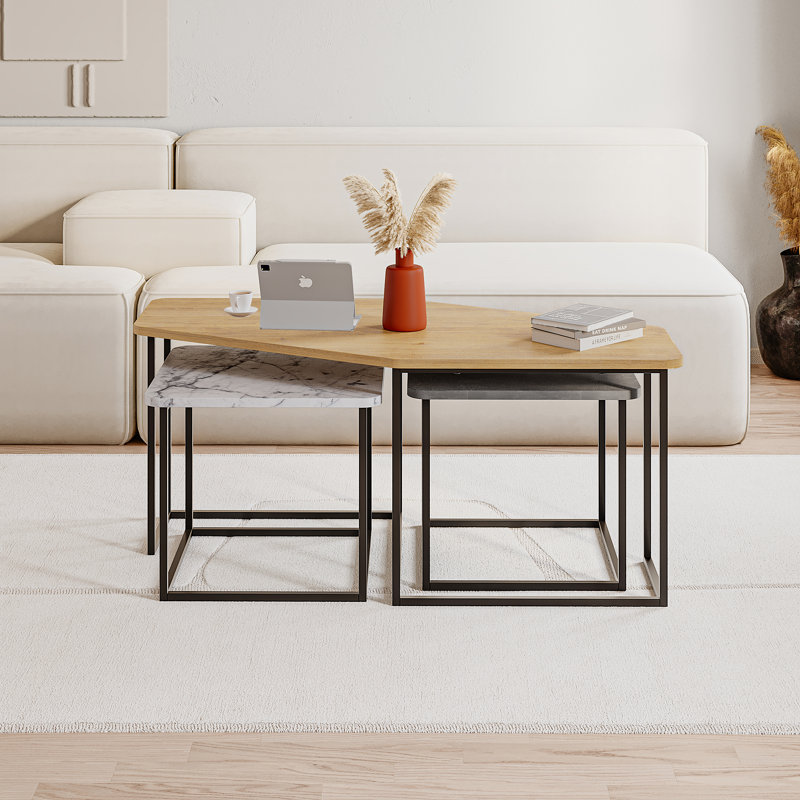 Bukurie Frame Nesting Coffee Table Set, Sapphire Oak/Marble White/Grey