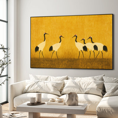 Très grande reproduction d'art sur toile - Oiseaux, grues, animaux, décoration rétro pour le salon ou la chambre à coucher - «Assemblage requis (cadre non fini)»
