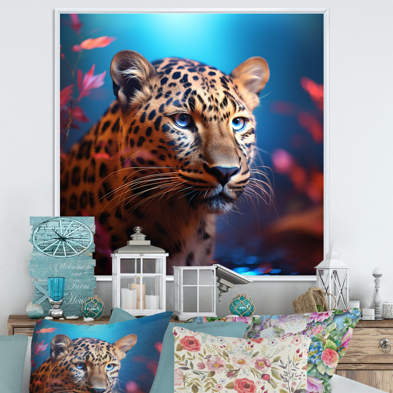 Portrait de léopard bleu et doré I - art mural léopard / guépard, H 36 po x l 36 po x P 1,5 po, Cadre flottant blanc
