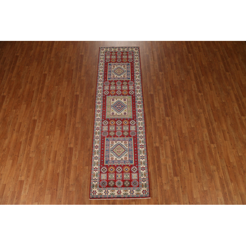 Tapis de couloir unique en laine noué à la main 2 pi 9 po x 9 pi 9 po nouvel âge en rouge / vert / bleu