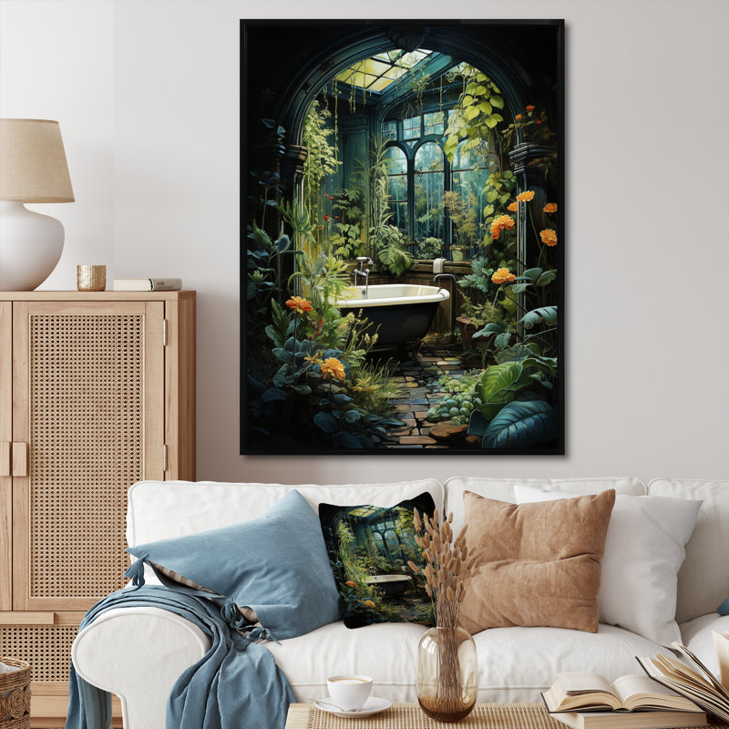 «Kyriel Bathroom Botanical Retreat I», reproduction sur toile encadrée, H 32 po x l 16 po x P 1 po, Cadre flottant noir