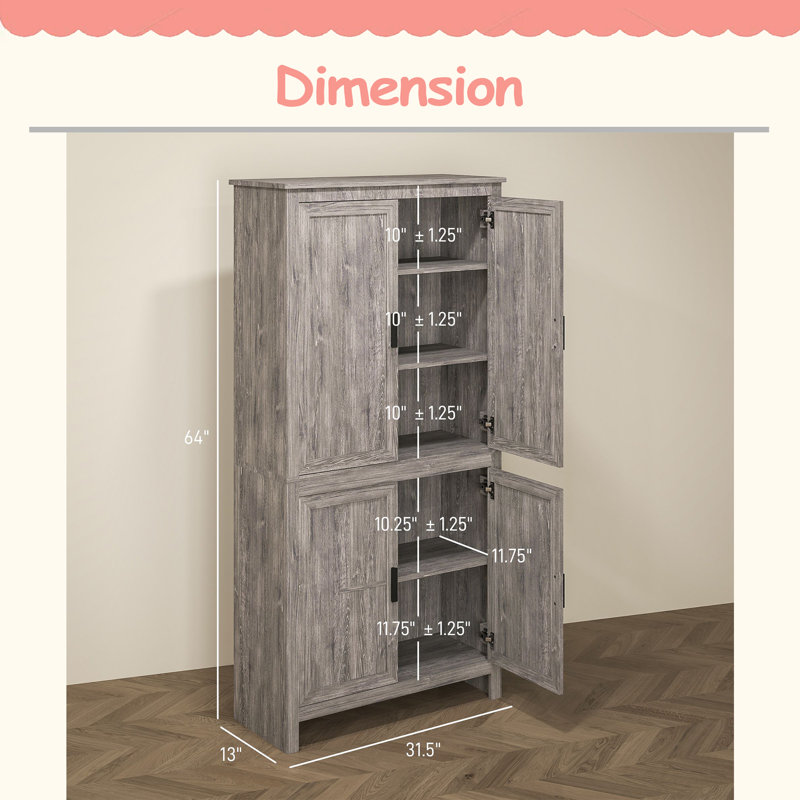 Armoire de rangement autoportante de 64 po à 4 portes avec 3 tablettes réglables pour la cuisine