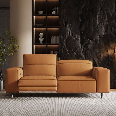 Nolynn 76.77"W Breathable Top Grain Leather Dual Power Reclining Sofa in Orange with Manual Adjustable Headrests and USB Ports