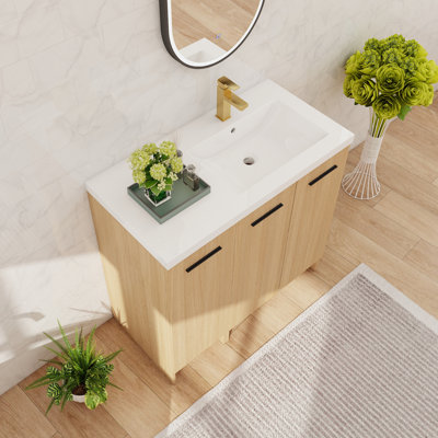 Meuble-lavabo sur pied simple 36 po avec lavabo en résine, meuble-lavabo sur pied avec 3 portes et 2 tablettes réglables