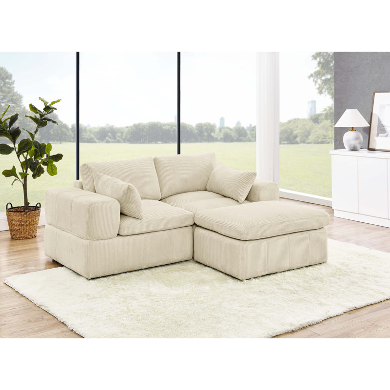Andrielle 79'' Wide Corduroy Modular Sofa & Chaise with Ottoman, Beige Corduroy, Right-Hand Facing