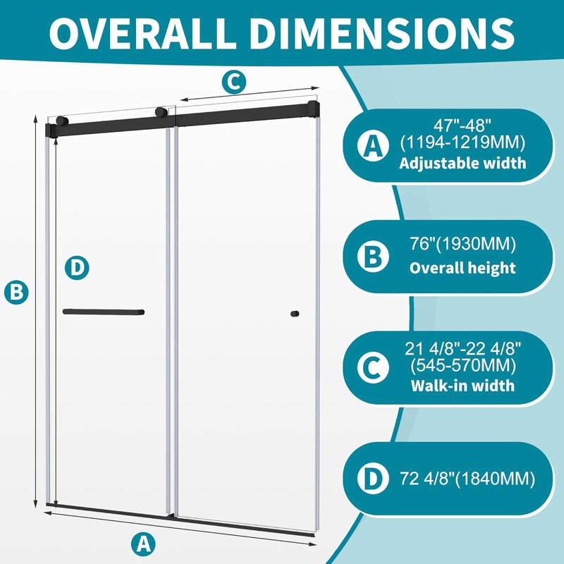 48" W x 76" H Double Sliding Frameless Shower Door with 5/16"(8mm) Clear Tempered Glass, Brushed Gold