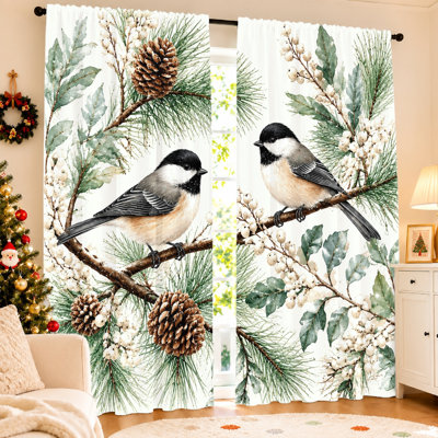 2Pcs Watercolor Birds Pine Cones Curtains, Light Filtering Fabric, Vintage and Cozy Winter Scene Print Pattern, Sunshade Privacy Protection, Rod-Pocket Design, Suitable for Living Room, Bedroom, Balcony, Kitchen Home Decoration