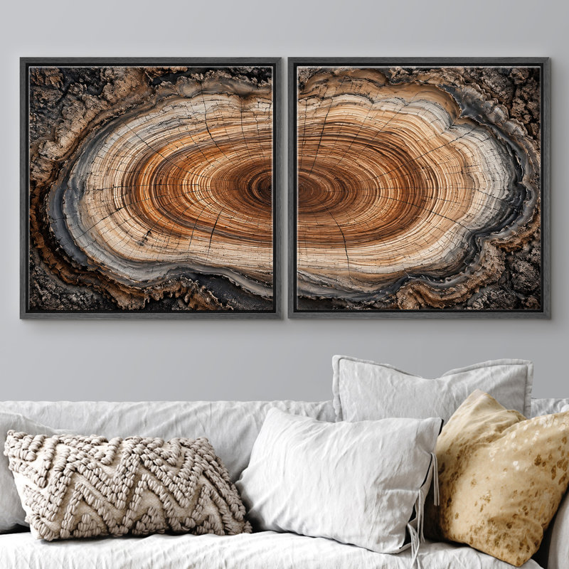 Anneau d'arbre naturel avec ensemble de 2 reproductions d'art sur toile encadrée, H 16 po x l 16 po x P 1,5 po, Cadre noir