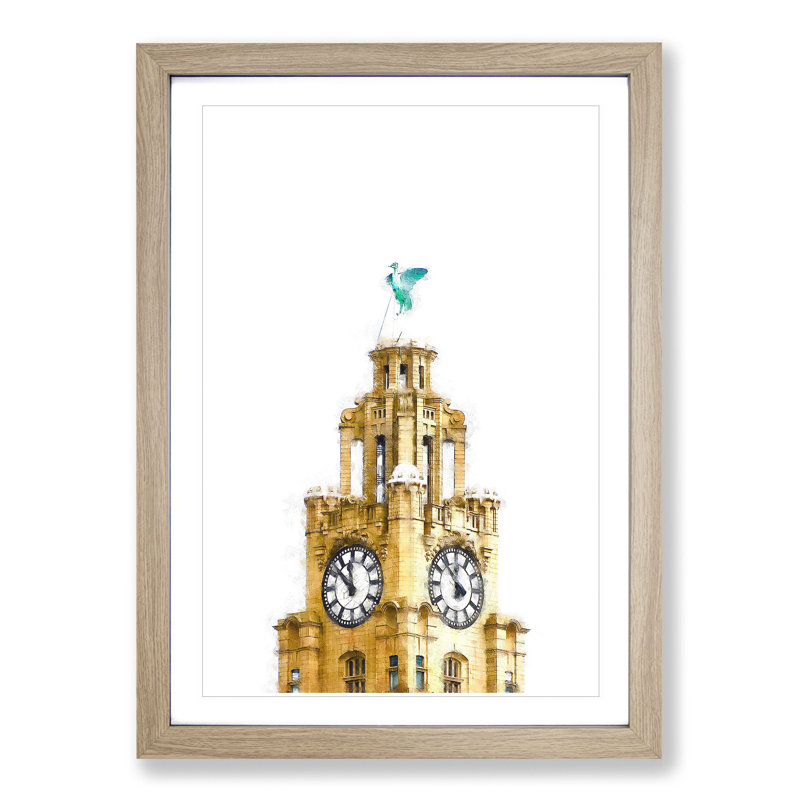 The Liver Building Liverpool - Picture Frame Painting Print on MDF, 63cm H x 45cm W x 2cm D, Oak Framed