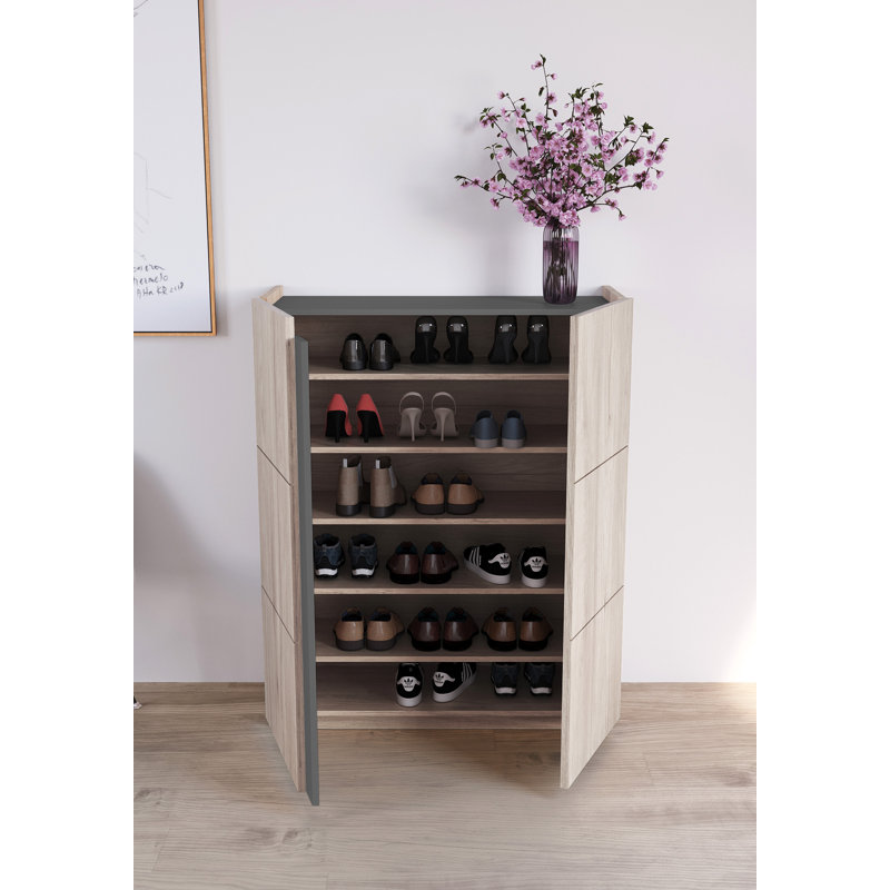 24 Pair Shoe Storage Cabinet, Light Oak/Graphite