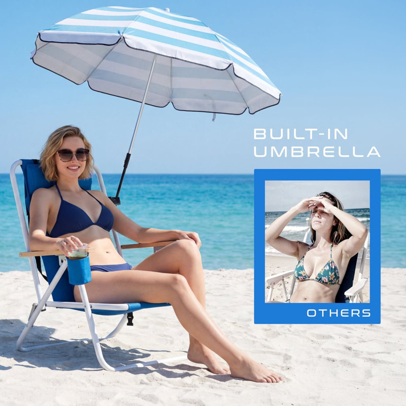 Chaise de plage pliante à haut dossier avec parasol à pince UPF 50-Plus Chaise de camping robuste avec porte-gobelet et sac de transport bleu