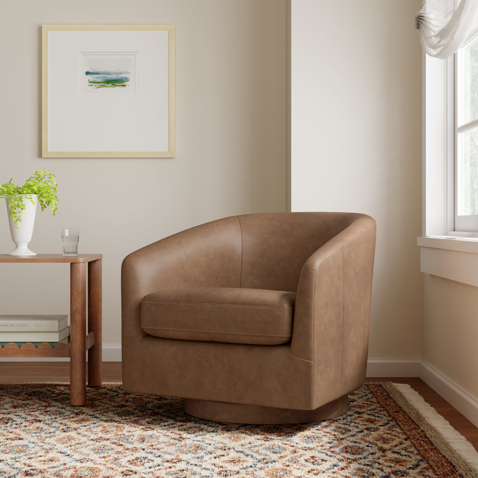 Bennett Genuine Leather Swivel Barrel Chair, Marseille Camel Top Grain Leather