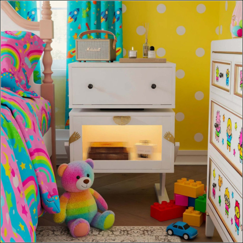 Robot LED Nightstand with 360° Rotating Drawer - Modern End Table