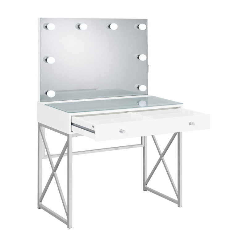 2 - Drawer Vanity Desk with Lighted Mirror and Stool in White and Chrome