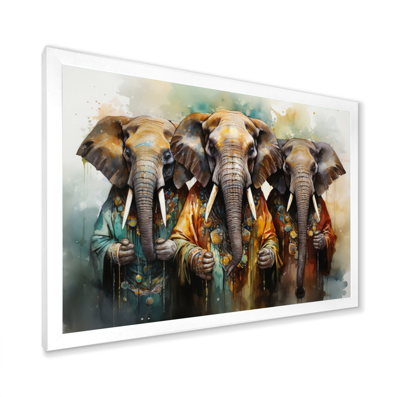 Éléphants sacrés d'Afrique I, Cadre simple blanc, H 34 po x l 44 po x P 1,5 po