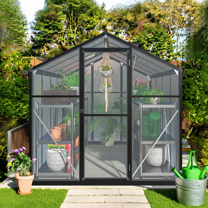 Polycarbonate Aluminum Frame Greenhouse With Ventilation And Rain Gutter Walk In Greenhouse For Outdoors, Black