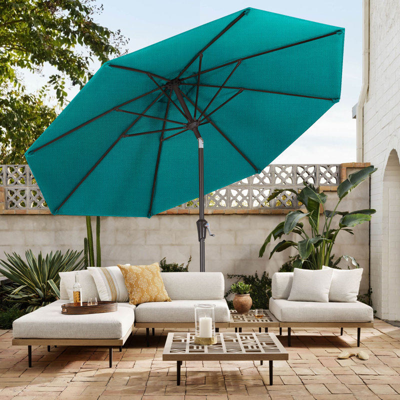 Parasol de marché en oléfine 9 'avec inclinaison et manivelle, Lueur azur