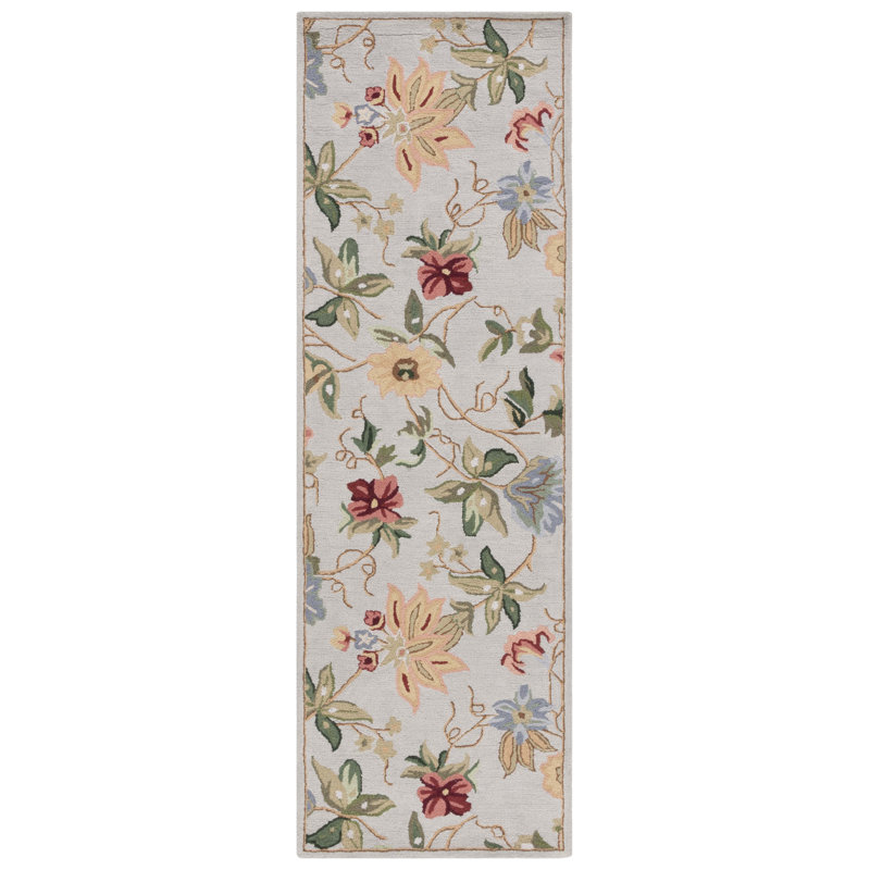 Tapis en laine bouclé / crocheté à la main à motif floral Sapin beige / vert / rouge, Tapis de couloir 2 pi 6 po x 12 pi