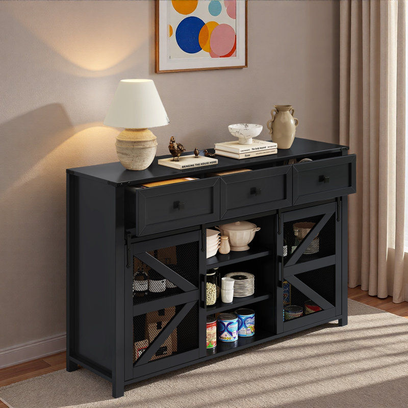 Sideboard Buffet Cabinet With Sliding Barn Door, 3 Drawers, Adjustable Shelves, Metal Mesh And Aluminum Handles, Black