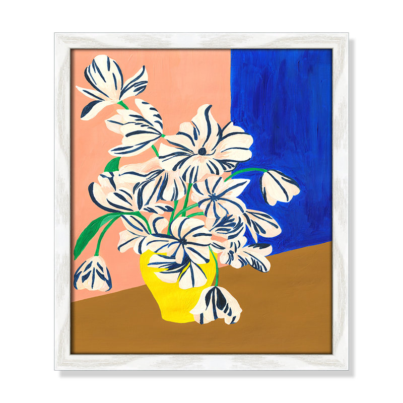 «Stripey Flowers Print» par Violets Print House, L 13 po x H 15 po, Impression encadrée, Grain de bois blanc