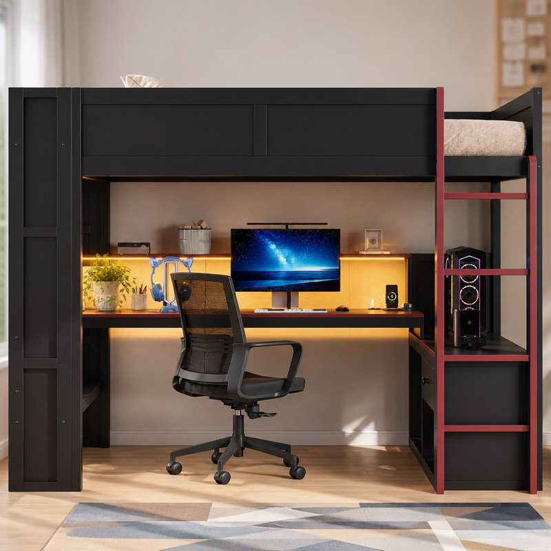 Lit mezzanine simple en bois avec bureau, tablettes multiples, DEL et station de charge, noir et rouge, Twin