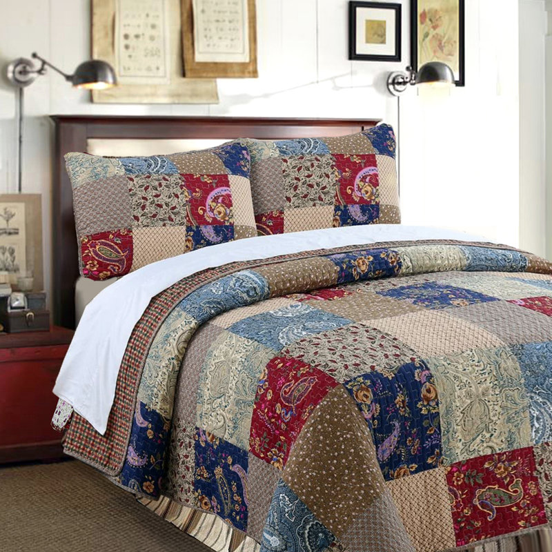 Queen Size Blue and Beige Cotton Reversible Quilt Set