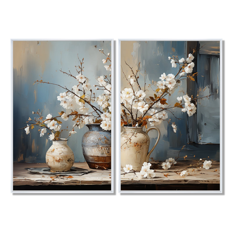 Art mural de poterie et de fleurs nature morte I - grands arbres, H 36 po x l 48 po, Impression encadrée flottante, Blanc