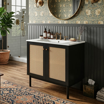 30" Freestanding Bathroom Vanity With Ceramic Sink, Solid Natural Bamboo Cabinet With Handwoven Rattan Doors And Gold Accents