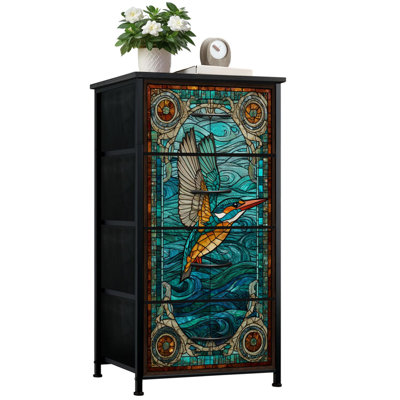 Commode vitrail pour la chambre à coucher avec 4 tiroirs de rangement Majestic Teal Bird