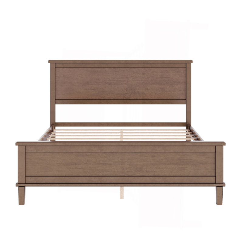 Lit plateforme Mid-Century en bois avec tête de lit et lattes en bois, Grand lit, Brun