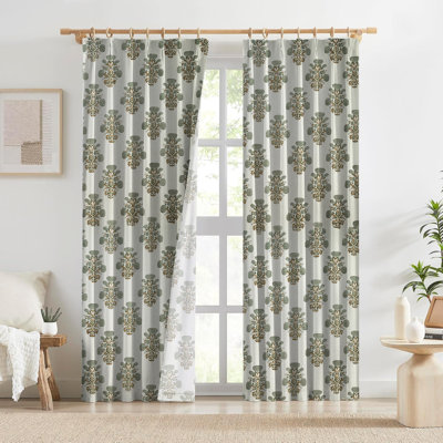 Gray and Brown Handmade Block Print Floral Patten Pinch Pleated Hook Curtains for Bed Room Home Decorative, Window Treatments Cotton Summer, Spring, Swadesh
