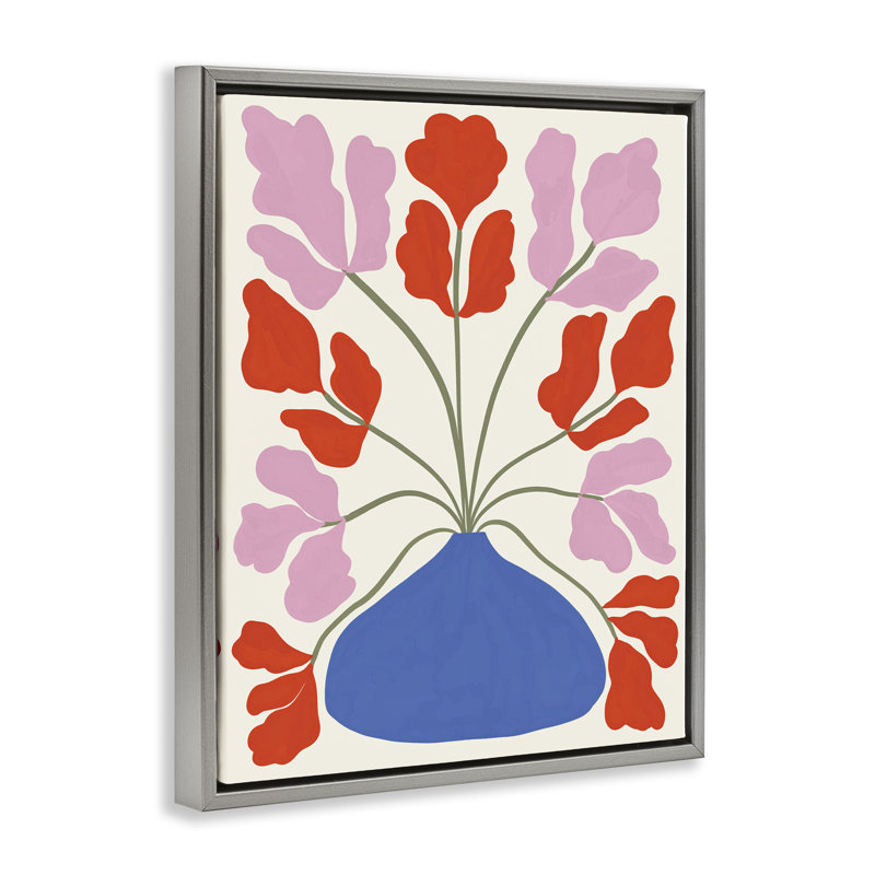 "Bold Symmeticol Flower Pot", art mural encadré doré sur toile flottante par Aralma, Cadre flottant gris lustré