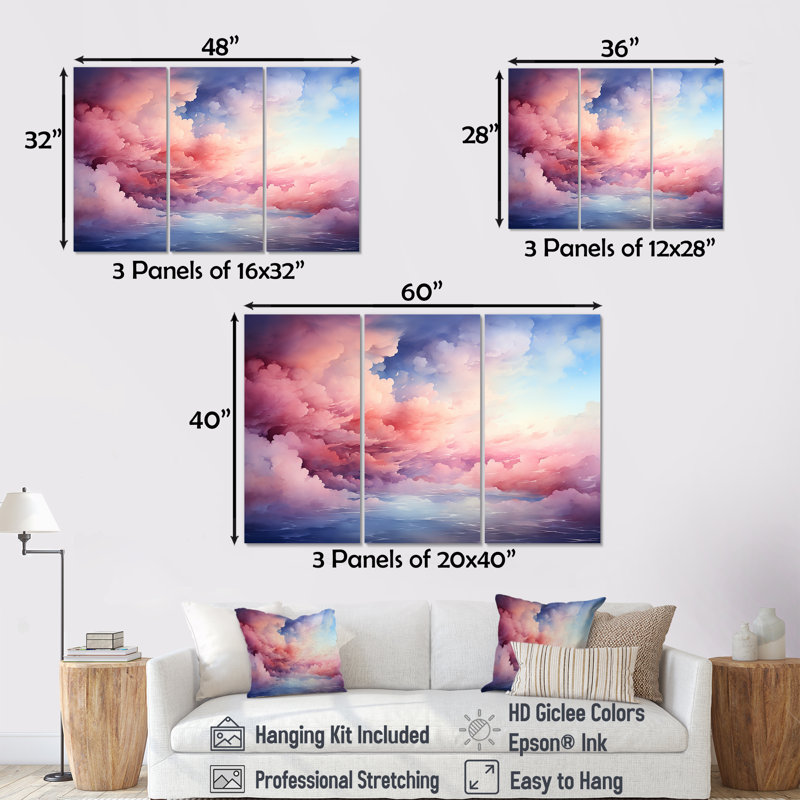 Rose et bleu pastel coloré ciel IV - art mural ciel, Toile tendue, H 28 po x l 36 po x P 1 po
