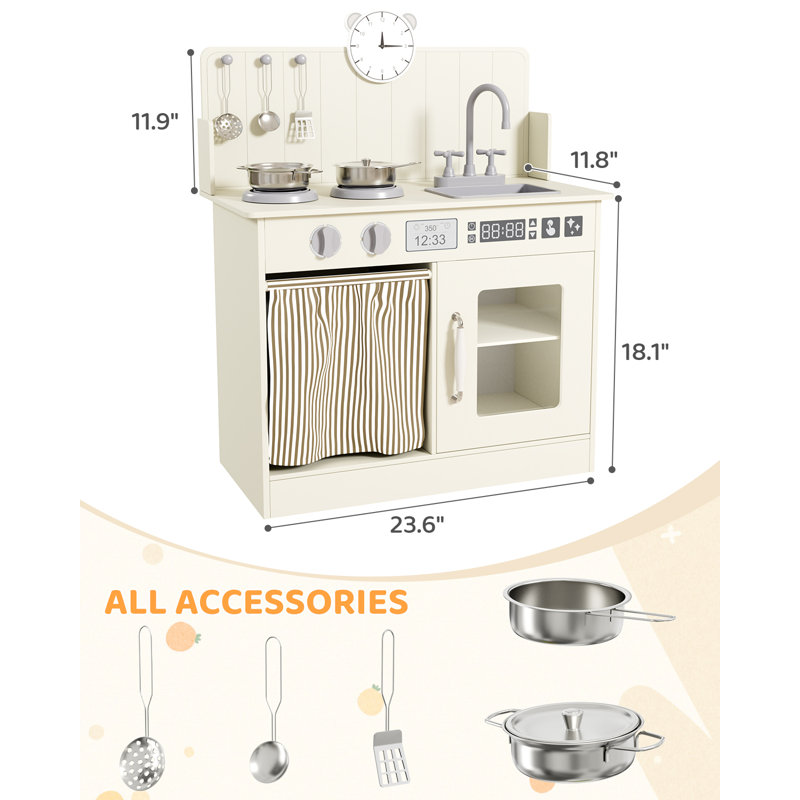 Kids Kitchen Playset With Ample Storage, Interactive Play Kitchen With Simulated Gas Tray, Sink, Faucet, 6 Pcs Cookware, Educational Clock For Toddlers(Cream)