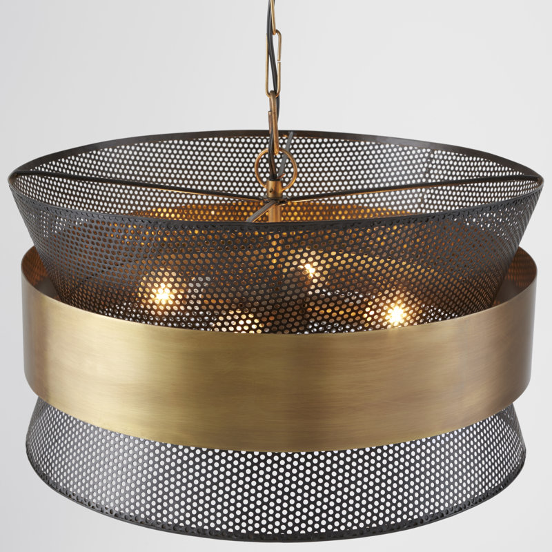 Patinaed Brass and Black 4-Light Drum Pendant with Handcrafted Shade
