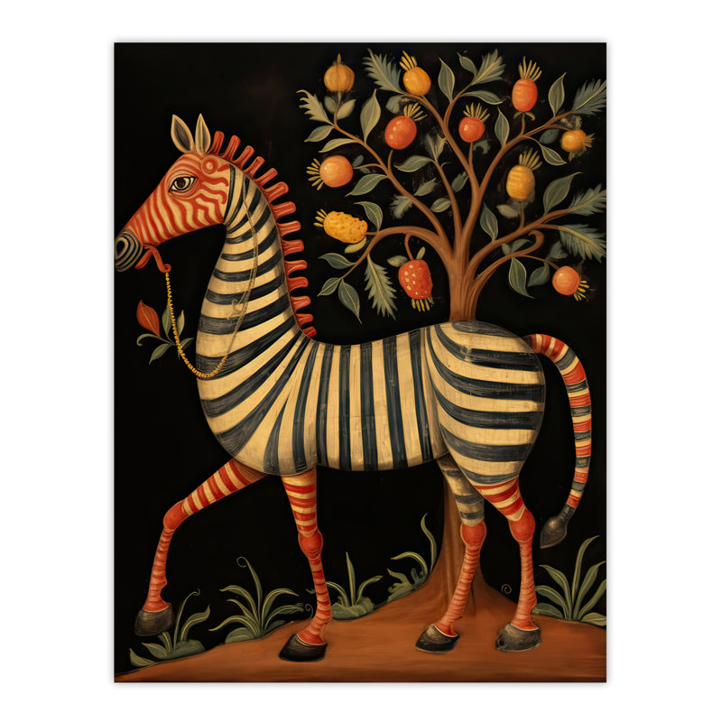 Wall Art Print Whimsical Zebra Posing by Fruit Tree Medieval Bestiary Style Surreal Oil Painting Poster