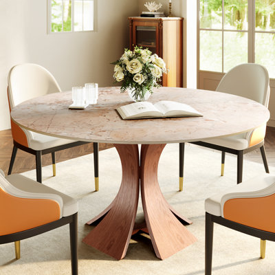 Mid-Century Round Dining Table With Sintered Stone Tabletop & Pedestal Solid Wood Base For 4-6