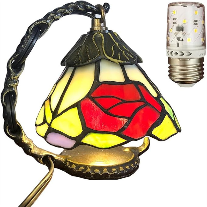 Tiffany Style Rose Pattern Small Colored Glass Table Lamp