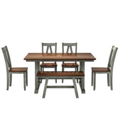 6-Piece Wood Dining Table Set Kitchen Table Set With Long Bench And 4 Dining Chairs, Farmhouse Style, Walnut+Gray -  Red Barrel StudioÂ®, 9368A14629C64C78830A77E506B8FB3F