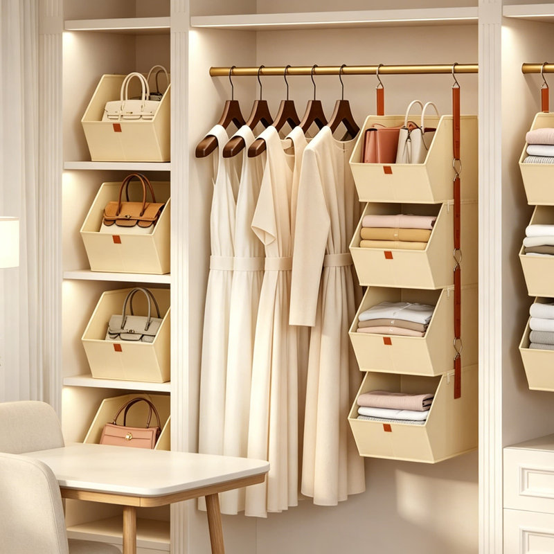 Collapsible Hanging Closet Organizer, 3-Tier Fabric Storage Shelves with Heavy-Duty Hooks, Foldable Hanging Storage Bins for Clothes, Laundry, Bedroom, RV, Beige